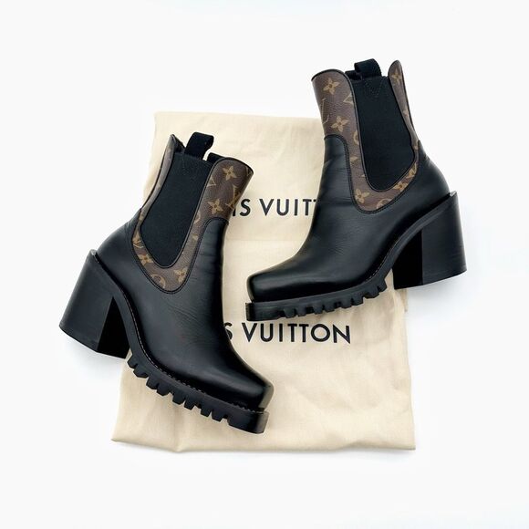 LOUIS VUITTON Limitless Chelsea Boot Size 37 US 7 Black Calfskin Monogram Heel - Picture 4 of 12